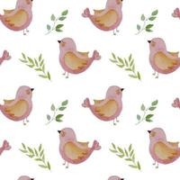 Seamless pattern with pink watercolor birds and green branches vector