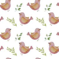 Seamless pattern with pink watercolor birds and green branches vector