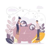 Time management. People put watches in a piggy bank. Vector illustration