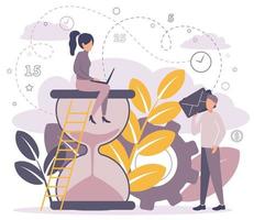 Vector illustration, alarm clock rings on white background, concept of work time management. Waiting for a letter in the mail