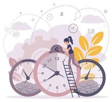 Vector illustration, alarm clock rings on white background, concept of work time management. Time is money