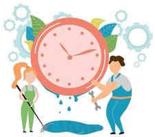 Vector illustration, alarm clock rings on white background, concept of work time management. Time is running fast