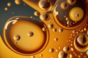Beautiful abstract background. Golden liquid. Macro honey bubbles. . photo