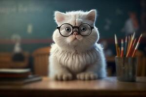 gato con lentes sentado en colegio escritorio y aprendiendo. educación, alumno. miedo, excitación, ansiedad. primero día. ven espalda a escuela. generativo ai. foto