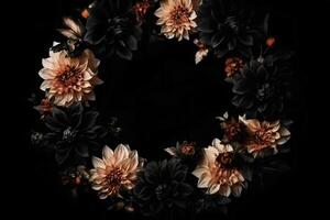 Beautiful black background with flowers and copy space. Empty space for text. Frame, dark backdrop. . photo