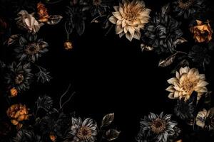 Beautiful black background with flowers and copy space. Empty space for text. Frame, dark backdrop. . photo