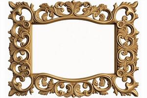 Golden, empty, horizontal picture frame on white background. Baroque style, vintage, antique. With beautiful ornaments. Frame with copy space for artwork, picture. . photo
