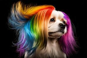 Cool and colorful dog. Rainbow colors. Diversity, tolerance, inclusion concept. Different and unique to be. Fashionable doggy. . photo