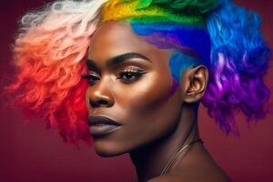 hermosa persona con arco iris cabello. diversidad, tolerancia, inclusión concepto. diferente y único a ser. de moda, vistoso cerca arriba retrato. generativo ai. foto