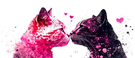 Two cats and flying hearts. Watercolor effect. Valentine's Day, love. Couple, relationship. Postcard, greeting card design. . photo
