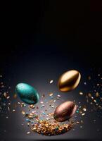 Flying Easter eggs and particles with copy space. Vertical Easter background. Postcard, greeting card design. Pascha, Happy Easter Day. Golden details. Explosion, levitation. . photo