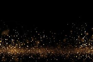 Beautiful black abstract background with sparkles and copy space. Backdrop with golden glitter, sequins. Celebration, festive, event. Bokeh effect. Trendy design. . photo