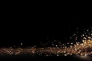 Beautiful black abstract background with sparkles and copy space. Backdrop with golden glitter, sequins. Celebration, festive, event. Bokeh effect. Trendy design. . photo