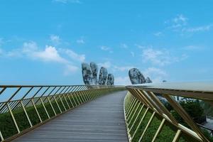 Landscape view of the Golden Bridge is lifted by two giant hands on Ba Na Hill, Da Nang, Vietnam. photo