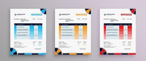 Clean and simple company business invoice template with three color variation themes. Vector illustration bill form price invoice.