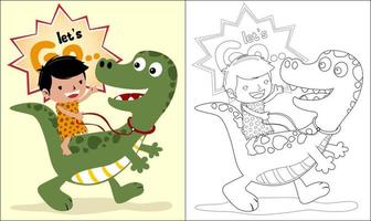 Vector illustration of little caveman cartoon ride on dinosaur, coloring book or page