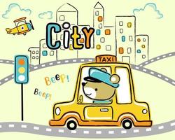 Vector illustration of hand drawn vehicle cartoon with bear driving taxi on buildings background