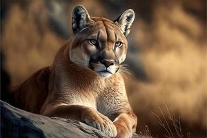 AI Generated Puma with its sleek fur.  Wild animals with shiny fur - cougar, puma, mountain lion, mountain cat, catamount, panther. photo