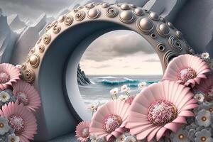 Wallpaper pink jewelry flowers on gray tunnel on sea background. photo