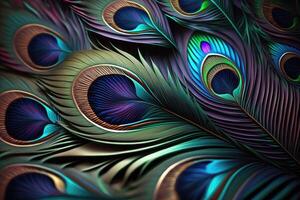 AI Generated 3D wallpaper colorful peacock feathers background. photo