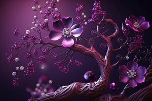 AI Generated 3D wallpaper pink purple jewelry on flowers and tree background. photo