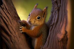 Cute squirrel climbing a tree. photo