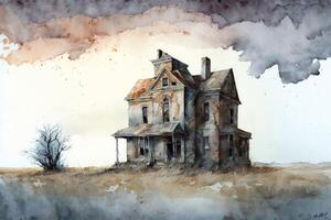 Desolate house stands alone watercolor painting. Symbol of abandonment and desolation. photo