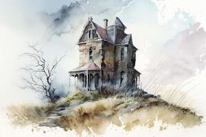 The abandoned house stood alone with the sound of the whistling wind. Watercolor painting. Symbol of abandonment and desolation. photo