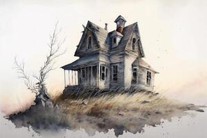 The abandoned house stood alone with the sound of the whistling wind. Watercolor painting. Symbol of abandonment and desolation. photo