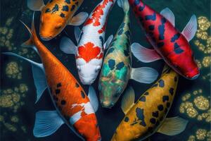 Group of colorful koi fish swimming in a pond. Top view on water. photo