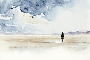 A person standing in a peaceful and empty landscape. Abstract background watercolor painting. photo