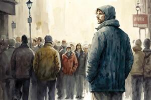 Social alienation watercolor painting. A person stands alone on a crowded street. Feeling disconnected from the bustling city life. photo