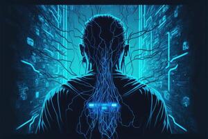 Person plugging into the Matrix. Cyber technology blue background. photo