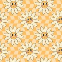 Retro groovy hippie seamless pattern. Seamless abstract geometric pattern. Floral background with cute daisy character. vector