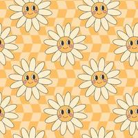 Retro groovy hippie seamless pattern. Seamless abstract geometric pattern. Floral background with cute daisy character. vector