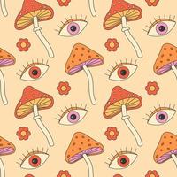 Retro groovy hippie seamless pattern. Seamless abstract pattern. Daisy, flower, mushroom, eye vector