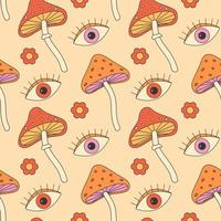 Retro groovy hippie seamless pattern. Seamless abstract pattern. Daisy, flower, mushroom, eye vector