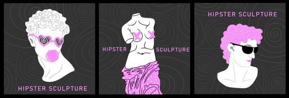 Hipster ancient greek sculpture. Set of stylized posters in a modern psychedelic style vector