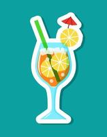 Vector cocktail sticker in cartoon style. Isolated orange juice in glass with citrus slices and ice