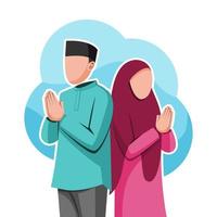 Muslim couple wishing happy eid mubarak flat illustration vector