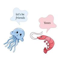 Friendship Day happiness. let is be friends shrimp and jellyfish vector cartoon illustration.
