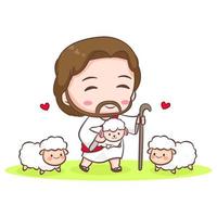 Jesus Christ pasture the sheep cartoon character. Cute mascot illustration. Isolated white background. Biblical story Religion and faith. vector