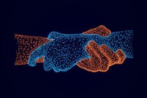 Low poly of Business handshake with of points, and lines, effect particles wire-frame glowing on dark background. Partnership and business trust concept. photo