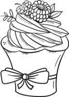 Cake with flower. Outline illustration. Doodle dessert. vector