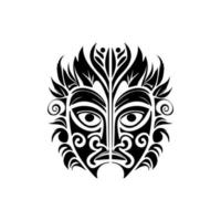 Vector art of a Polynesian god mask in black and white for tattooing.