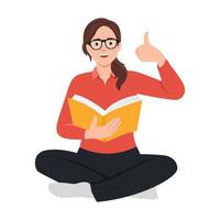 Education process and positive emotions concept. Smiling girl student sitting on floor reading book showing thumbs up sign with fingers vector