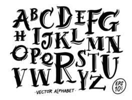 Decorative alphabet font. Hand drawn black color text signs. vector