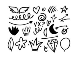 Doodle black color elements set. Popular objects vector illustration.