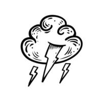 Cloud and Lightning engraving style vector illustration. Hand drawn black color.