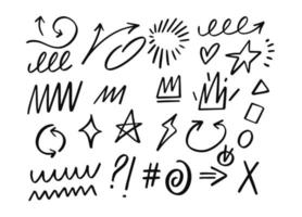 Hand drawn black color doodle design element set. Arrows, geometric shapes and more detail signs. vector